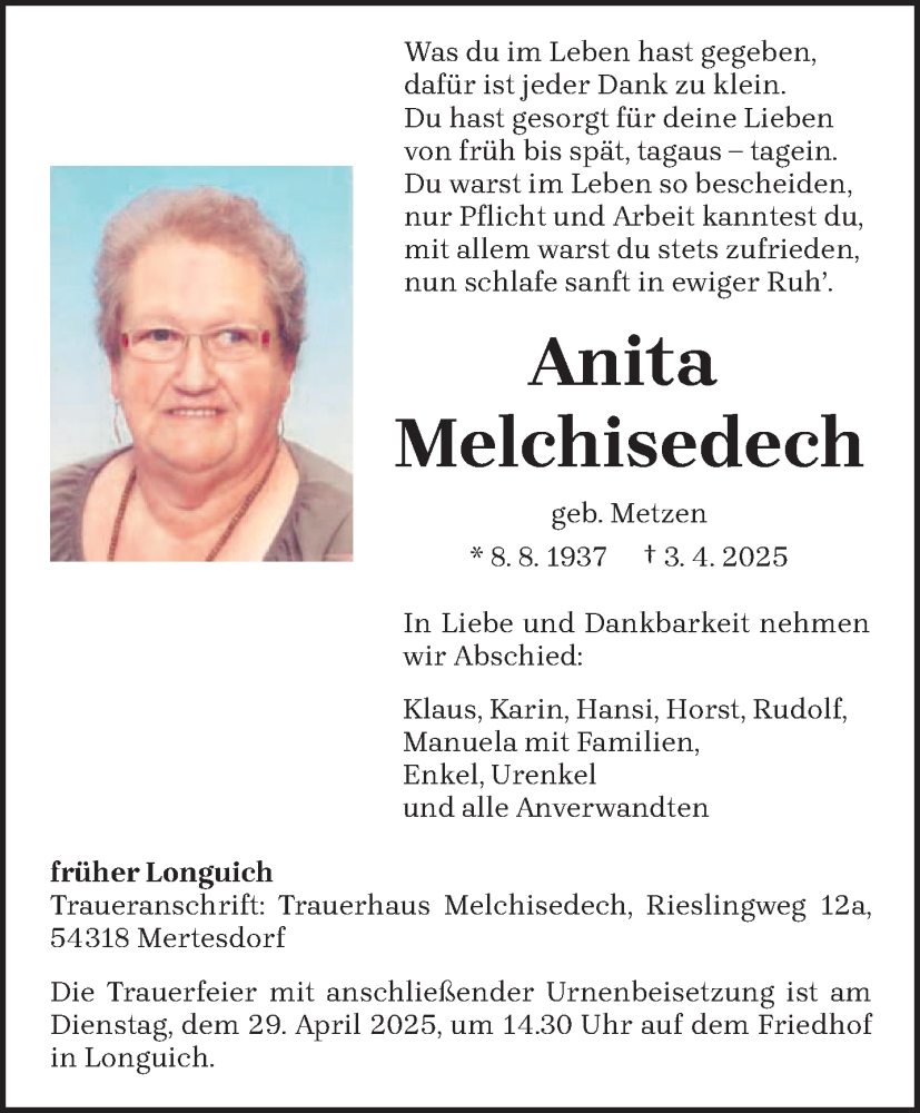  Traueranzeige für Anita Melchisedech vom 26.04.2025 aus trierischer_volksfreund