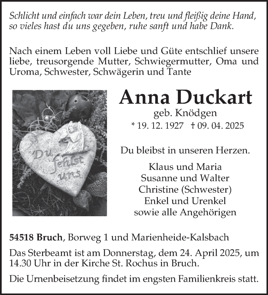  Traueranzeige für Anna Duckart vom 19.04.2025 aus trierischer_volksfreund