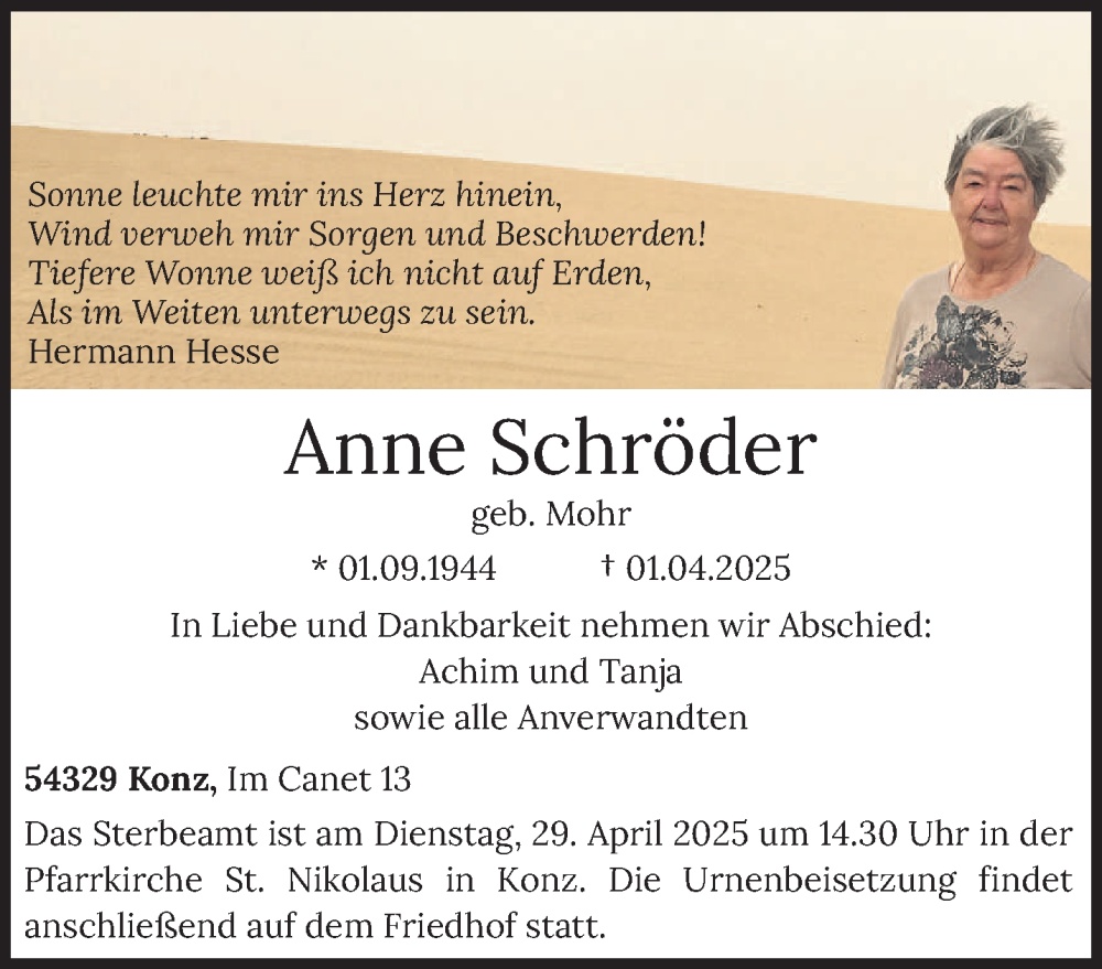  Traueranzeige für Anne Schröder vom 23.04.2025 aus trierischer_volksfreund