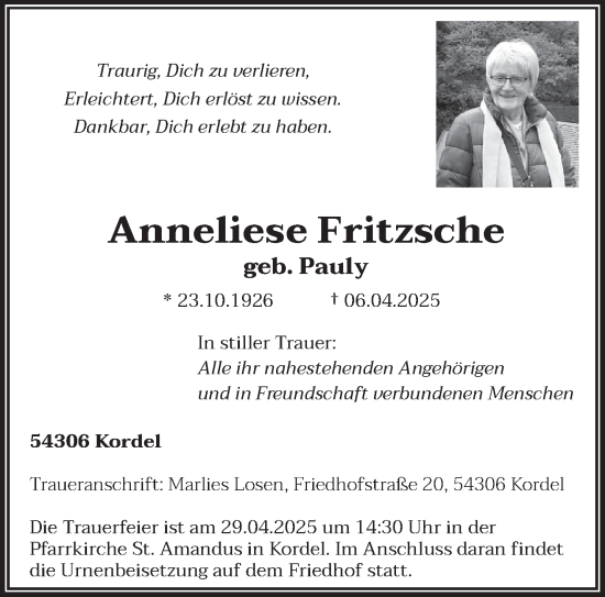 Traueranzeige von Anneliese Fritzsche von trierischer_volksfreund