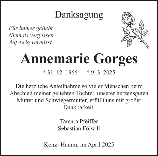 Traueranzeige von Annemarie Gorges von trierischer_volksfreund