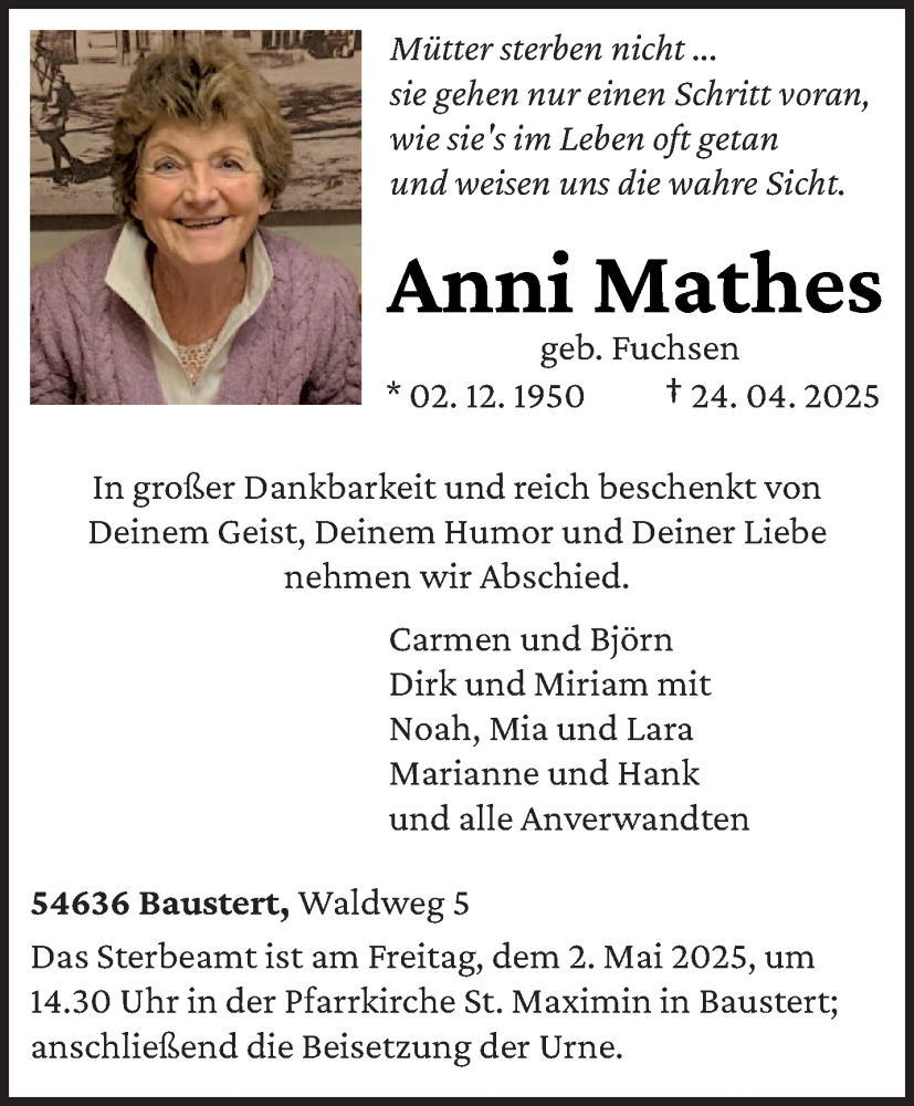  Traueranzeige für Anni Mathes vom 29.04.2025 aus trierischer_volksfreund