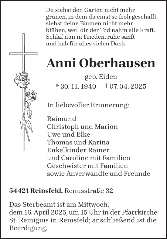 Traueranzeige von Anni Oberhausen von trierischer_volksfreund