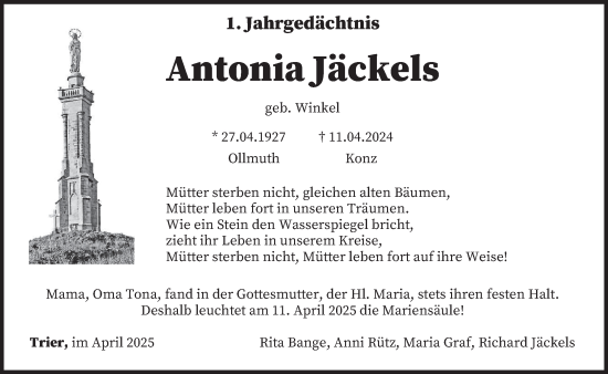 Traueranzeige von Antonia Jäckels von trierischer_volksfreund