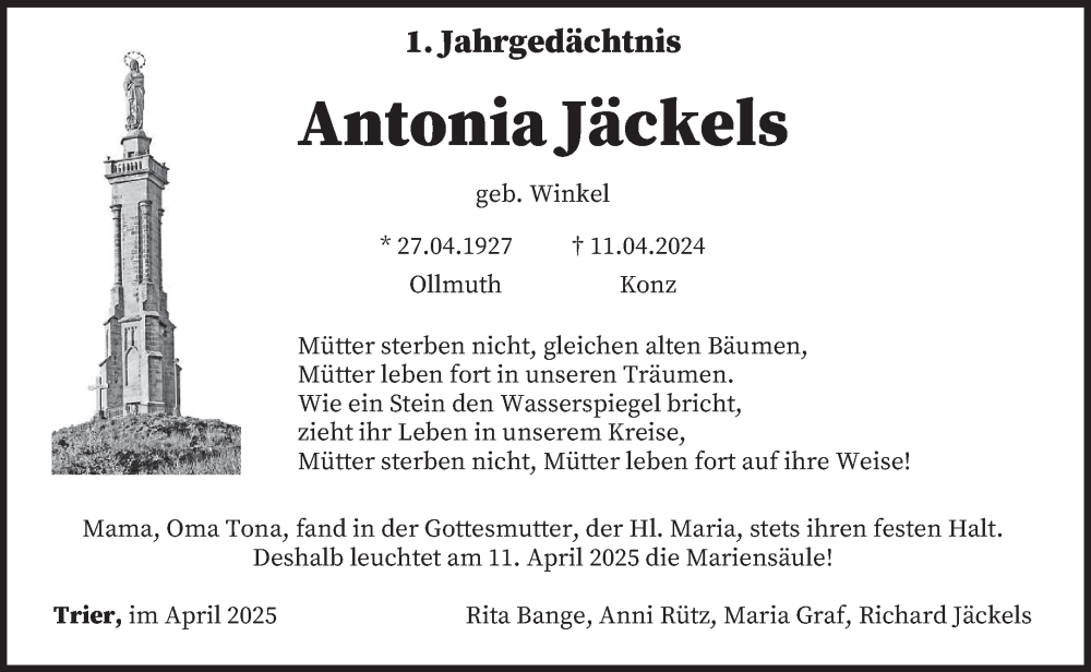  Traueranzeige für Antonia Jäckels vom 09.04.2025 aus trierischer_volksfreund