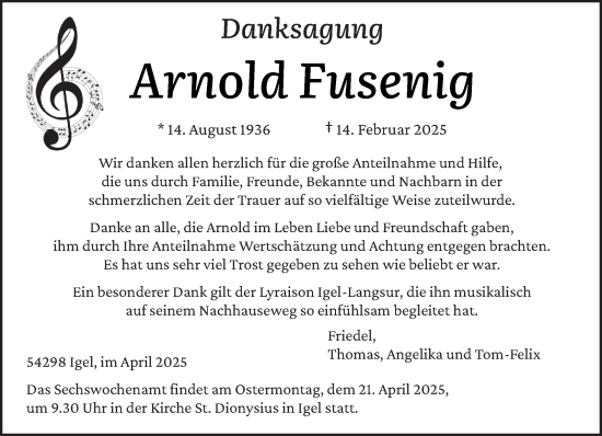 Traueranzeige von Arnold Fusenig von trierischer_volksfreund