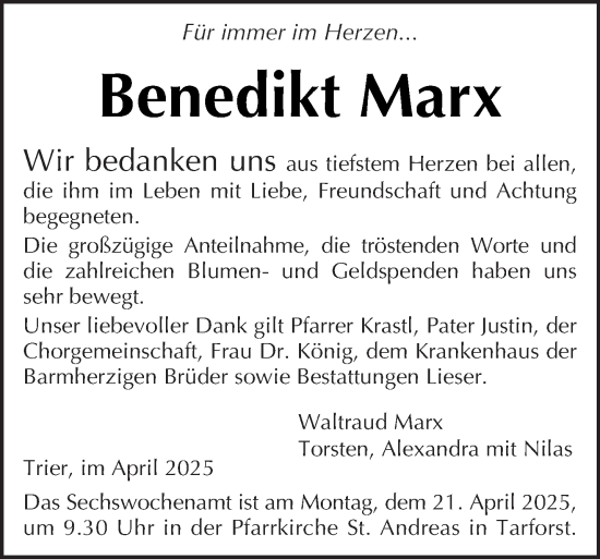 Traueranzeige von Benedikt Marx von trierischer_volksfreund