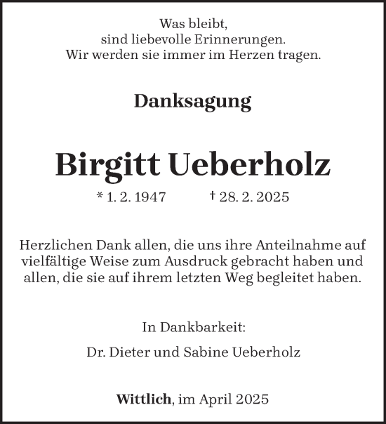 Traueranzeige von Birgitt Ueberholz von trierischer_volksfreund