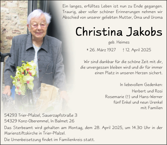 Traueranzeige von Christina Jakobs von trierischer_volksfreund