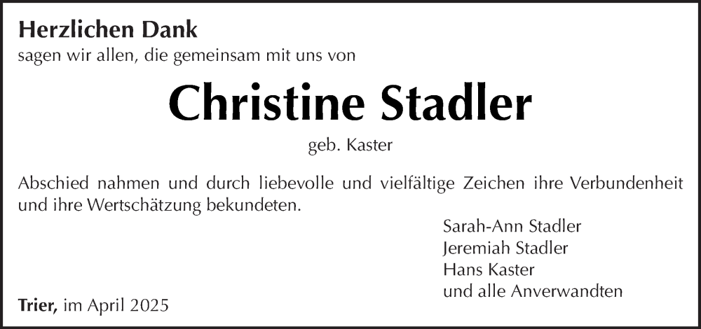  Traueranzeige für Christine Stadler vom 12.04.2025 aus trierischer_volksfreund