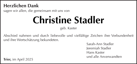 Traueranzeige von Christine Stadler von trierischer_volksfreund