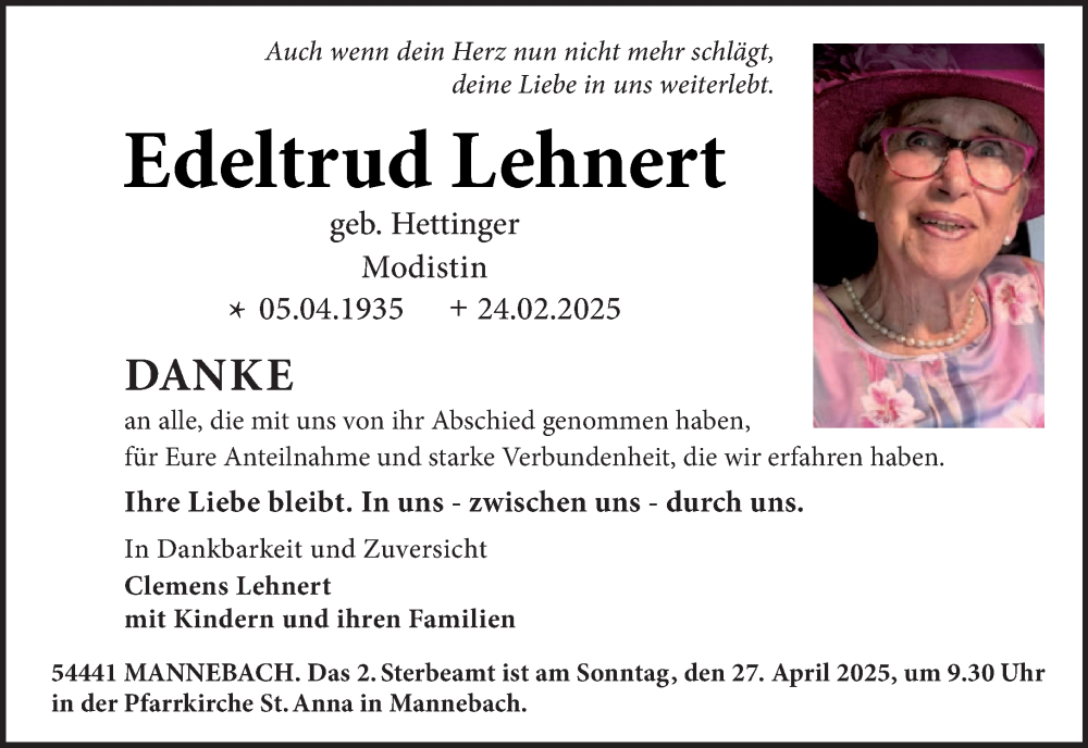  Traueranzeige für Edeltrud Lehnert vom 25.04.2025 aus trierischer_volksfreund