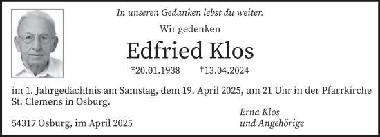 Traueranzeige von Edfried Klos von trierischer_volksfreund