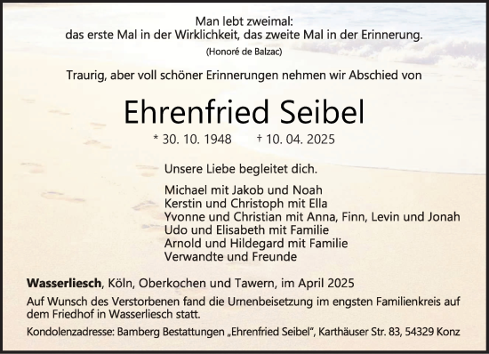 Traueranzeige von Ehrenfried Seibel von trierischer_volksfreund