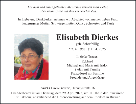 Traueranzeige von Elisabeth Dierkes von trierischer_volksfreund