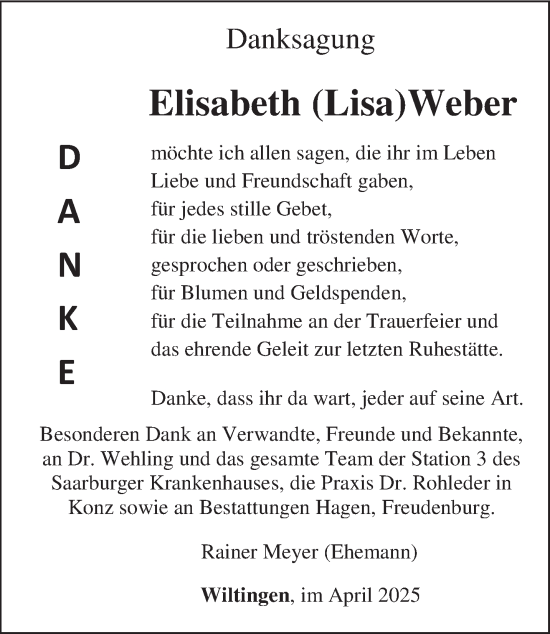 Traueranzeige von Elisabeth Weber von trierischer_volksfreund
