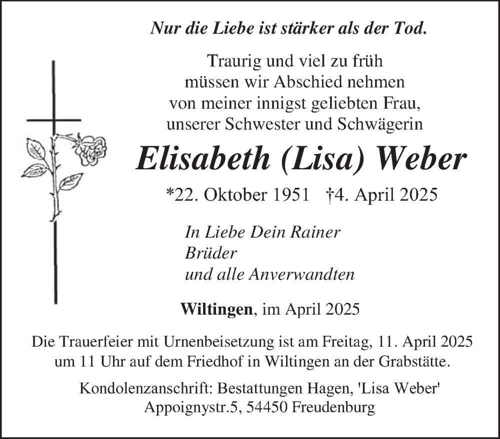  Traueranzeige für Elisabeth Weber vom 09.04.2025 aus trierischer_volksfreund