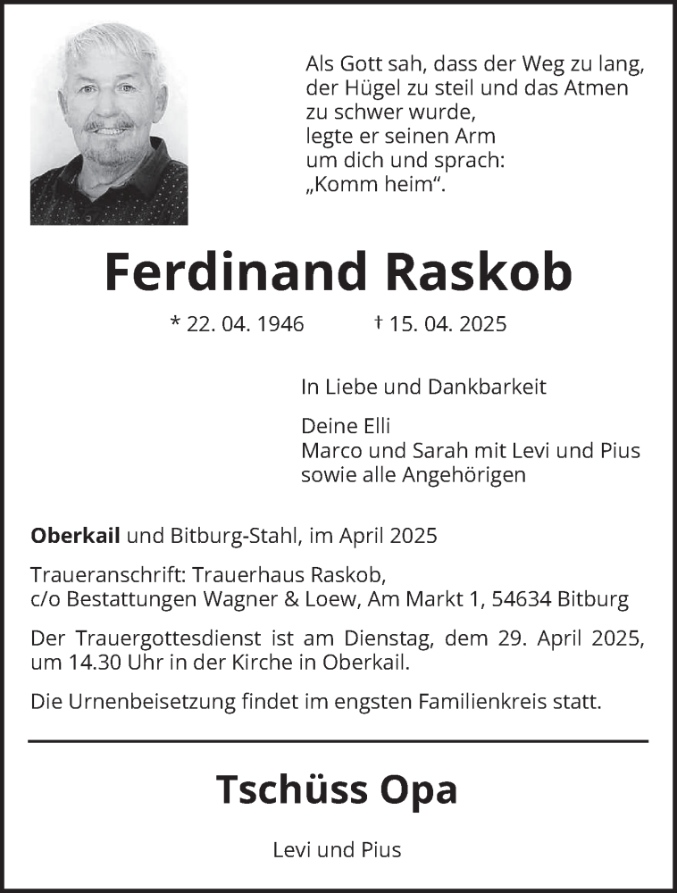  Traueranzeige für Ferdinand Raskob vom 23.04.2025 aus trierischer_volksfreund