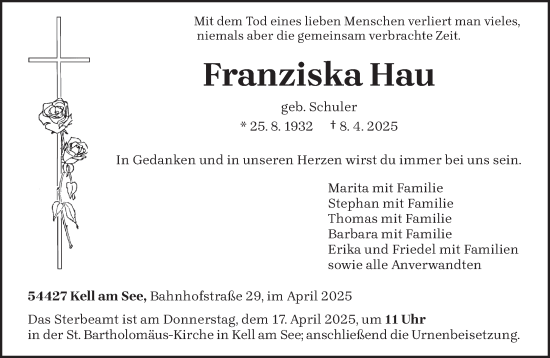 Traueranzeige von Franziska Hau von trierischer_volksfreund