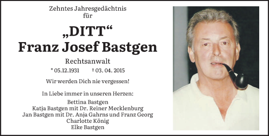 Traueranzeige von Franz Josef Bastgen von trierischer_volksfreund