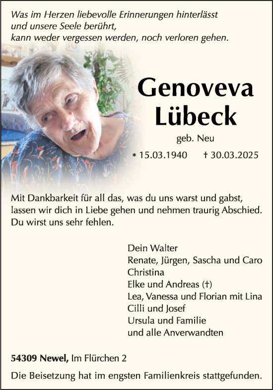 Traueranzeige von Genoveva Lübeck von trierischer_volksfreund