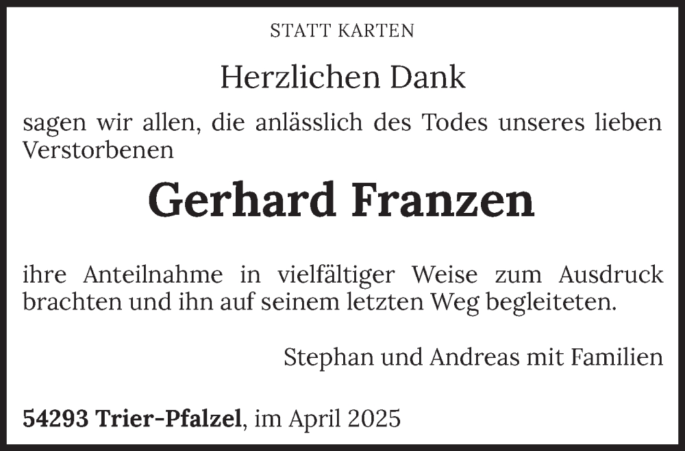  Traueranzeige für Gerhard Franzen vom 19.04.2025 aus trierischer_volksfreund
