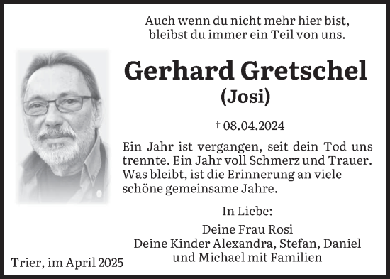 Traueranzeige von Gerhard Gretschel von trierischer_volksfreund