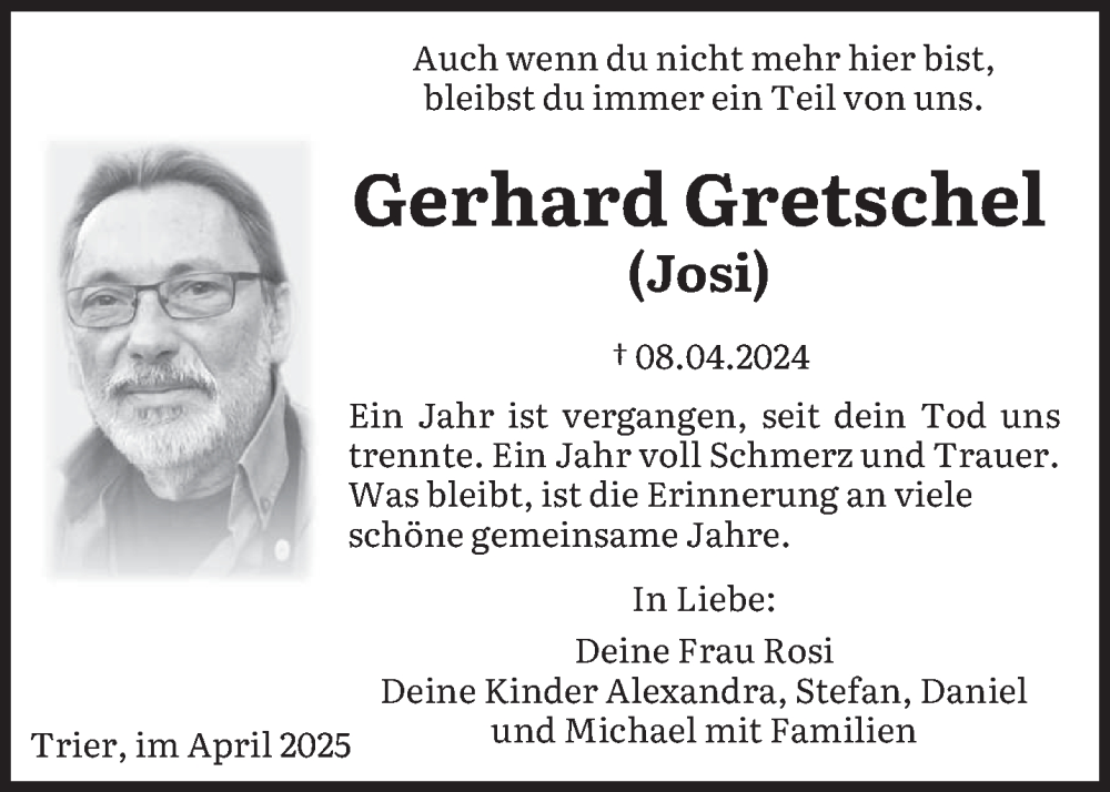  Traueranzeige für Gerhard Gretschel vom 08.04.2025 aus trierischer_volksfreund