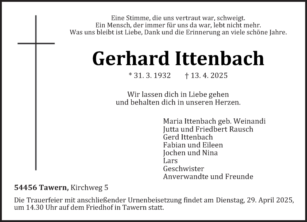  Traueranzeige für Gerhard Ittenbach vom 24.04.2025 aus trierischer_volksfreund