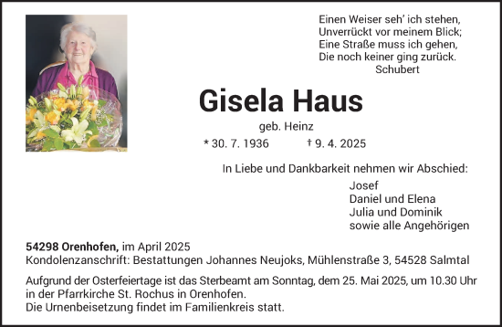 Traueranzeige von Gisela Haus von trierischer_volksfreund