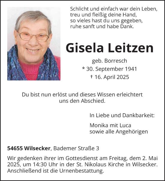 Traueranzeige von Gisela Leitzen von trierischer_volksfreund