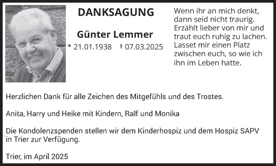 Traueranzeige von Günter Lemmer von trierischer_volksfreund