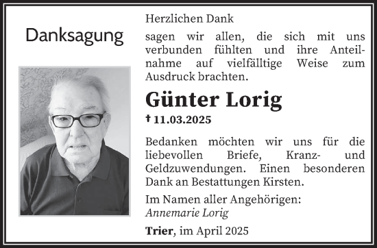 Traueranzeige von Günter Lorig von trierischer_volksfreund
