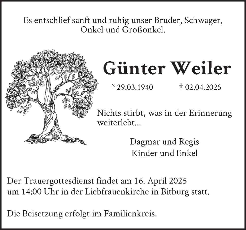  Traueranzeige für Günter Weiler vom 12.04.2025 aus trierischer_volksfreund