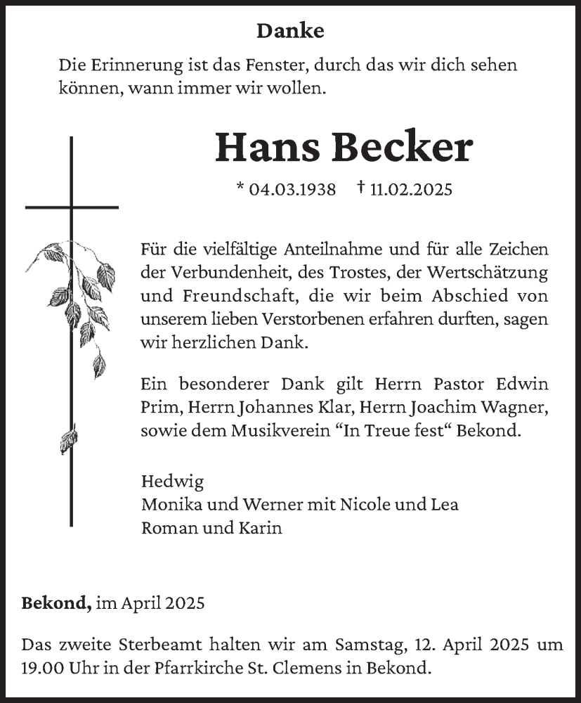  Traueranzeige für Hans Becker vom 10.04.2025 aus trierischer_volksfreund