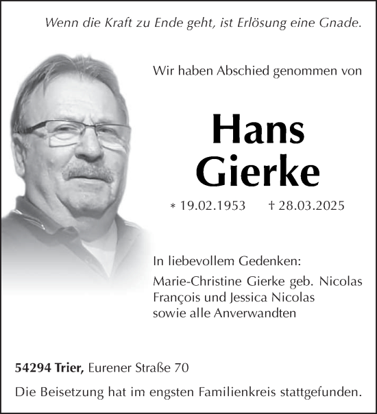 Traueranzeige von Hans Gierke von trierischer_volksfreund