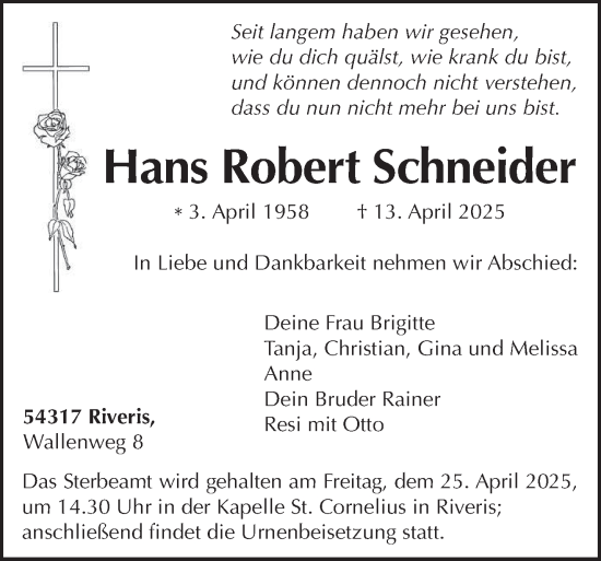 Traueranzeige von Hans Robert Schneider von trierischer_volksfreund