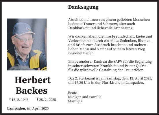Traueranzeige von Herbert Backes von trierischer_volksfreund