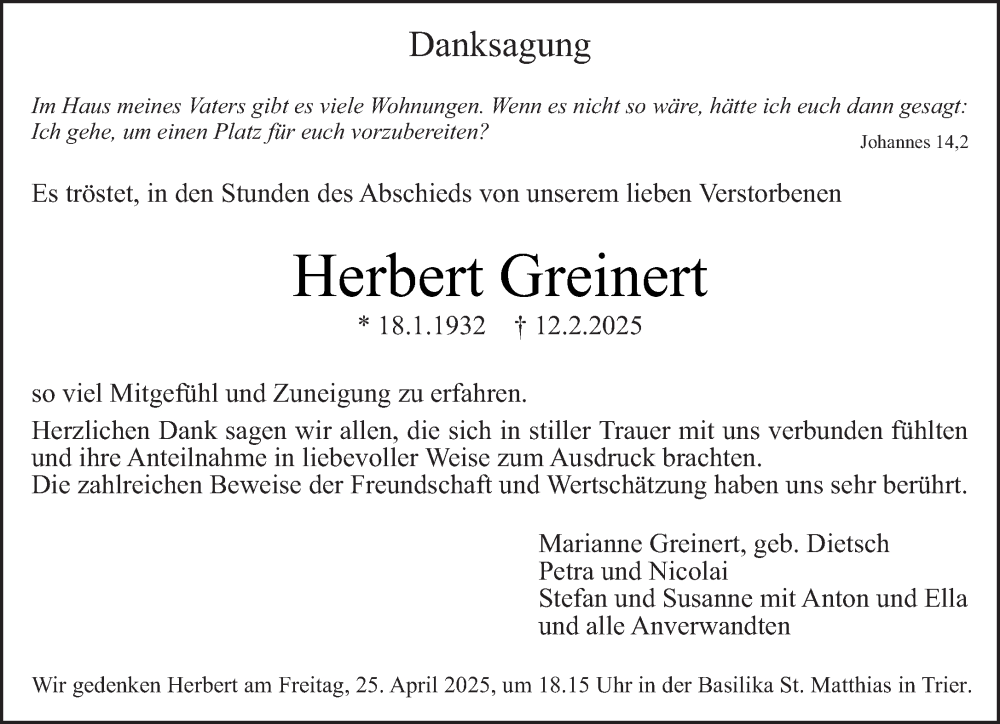  Traueranzeige für Herbert Greinert vom 12.04.2025 aus trierischer_volksfreund