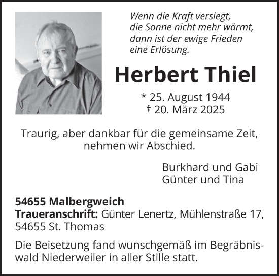 Traueranzeige von Herbert Thiel von trierischer_volksfreund