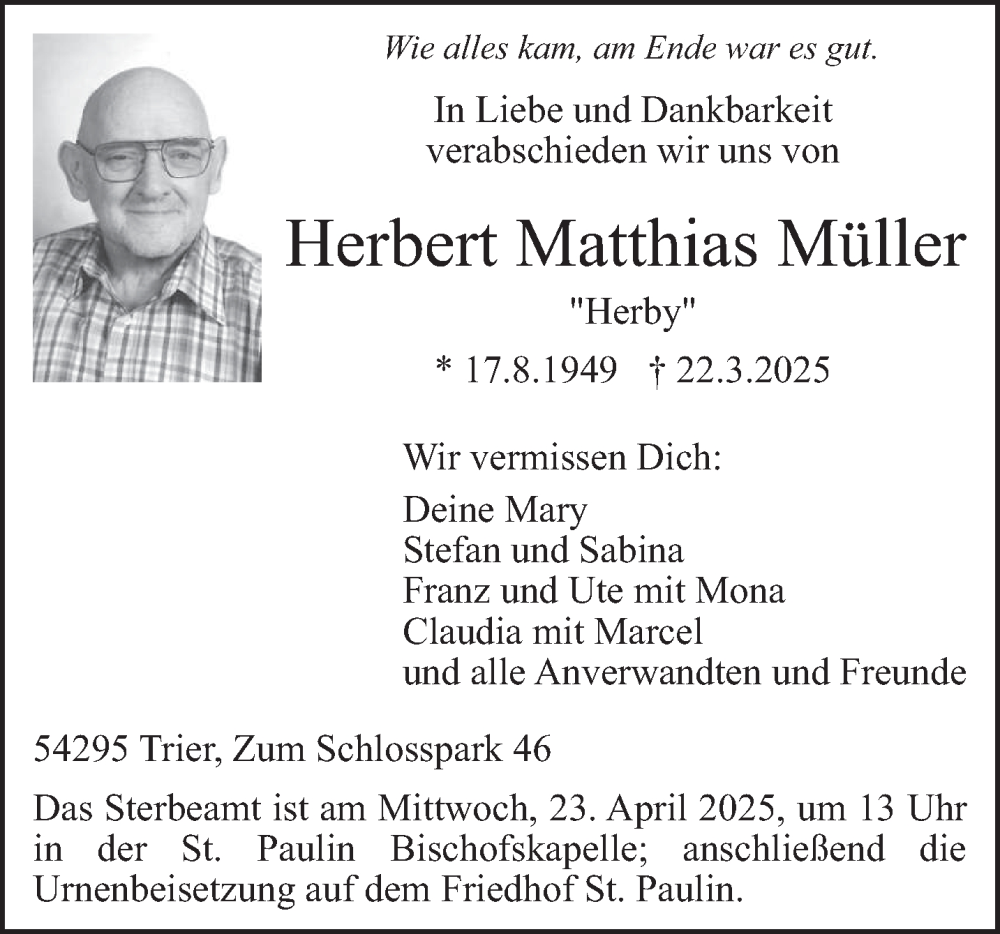  Traueranzeige für Herbert Matthias Müller vom 19.04.2025 aus trierischer_volksfreund