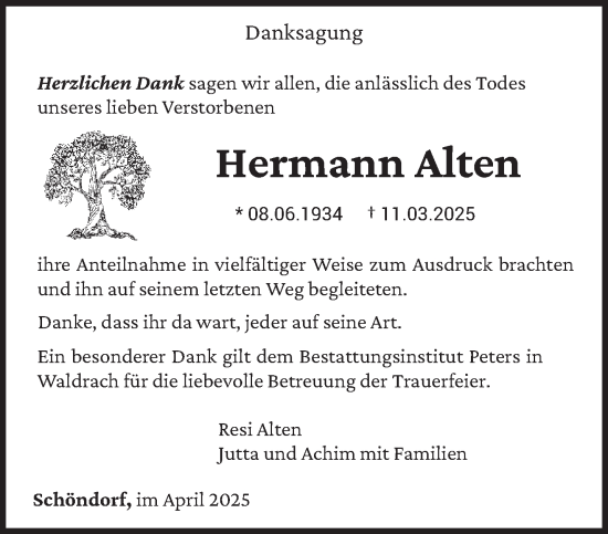 Traueranzeige von Hermann Alten von trierischer_volksfreund