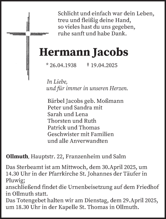 Traueranzeige von Hermann Jacobs von trierischer_volksfreund