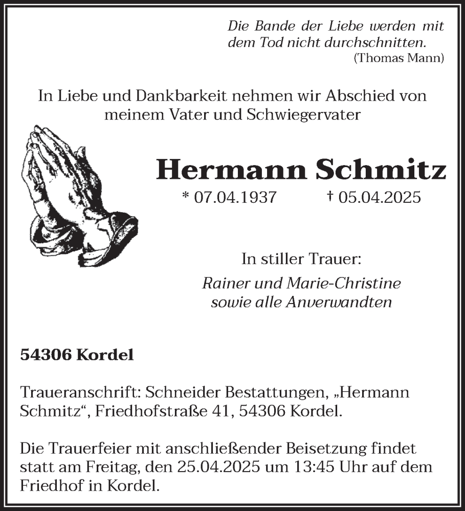  Traueranzeige für Hermann Schmitz vom 12.04.2025 aus trierischer_volksfreund