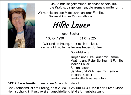 Traueranzeige von Hilde Lauer von trierischer_volksfreund