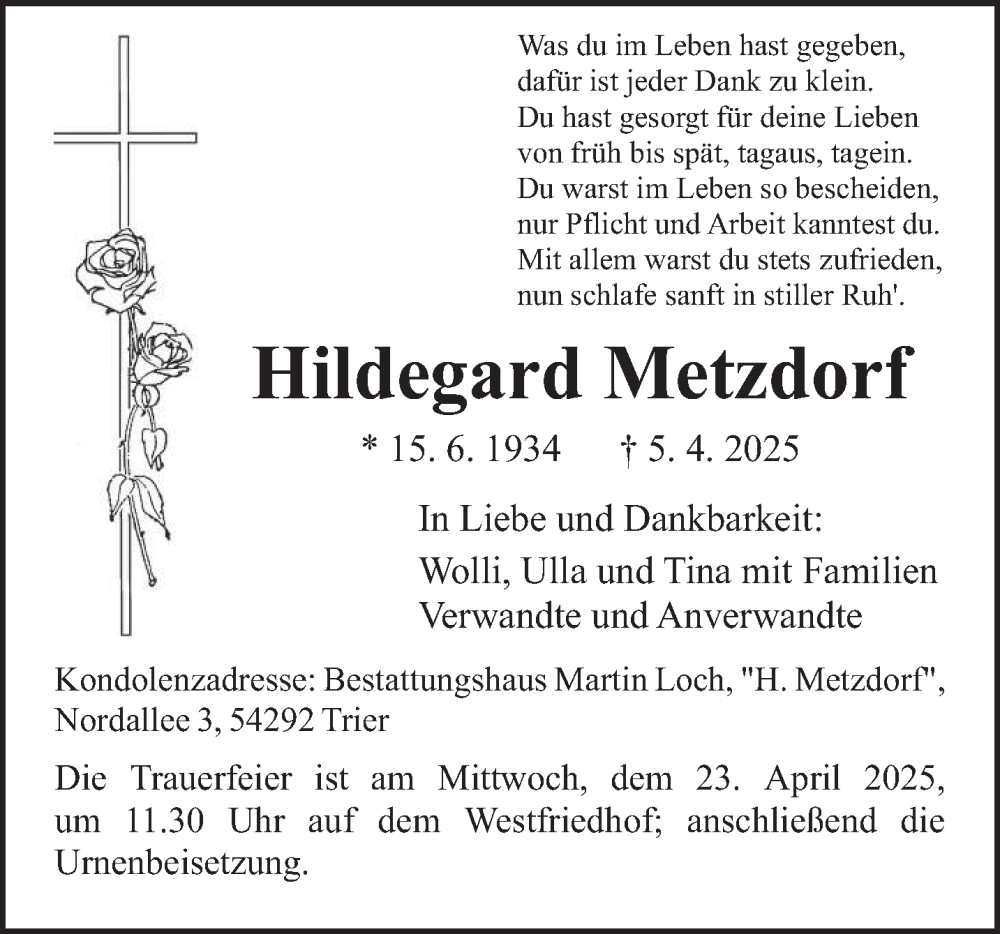  Traueranzeige für Hildegard Metzdorf vom 19.04.2025 aus trierischer_volksfreund
