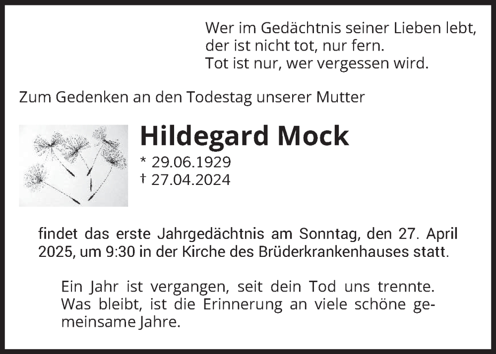  Traueranzeige für Hildegard Mock vom 17.04.2025 aus trierischer_volksfreund