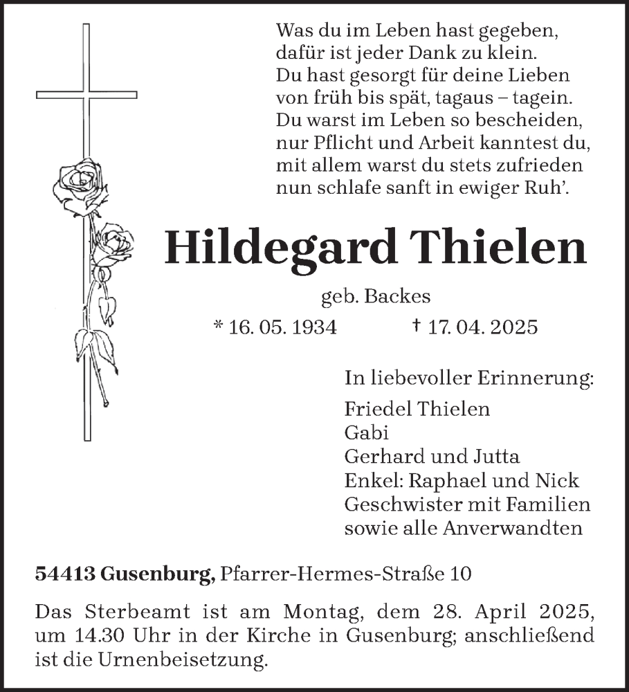  Traueranzeige für Hildegard Thielen vom 23.04.2025 aus trierischer_volksfreund