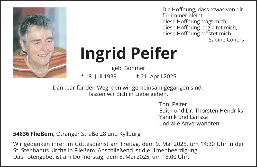  Traueranzeige für Ingrid Peifer vom 26.04.2025 aus trierischer_volksfreund
