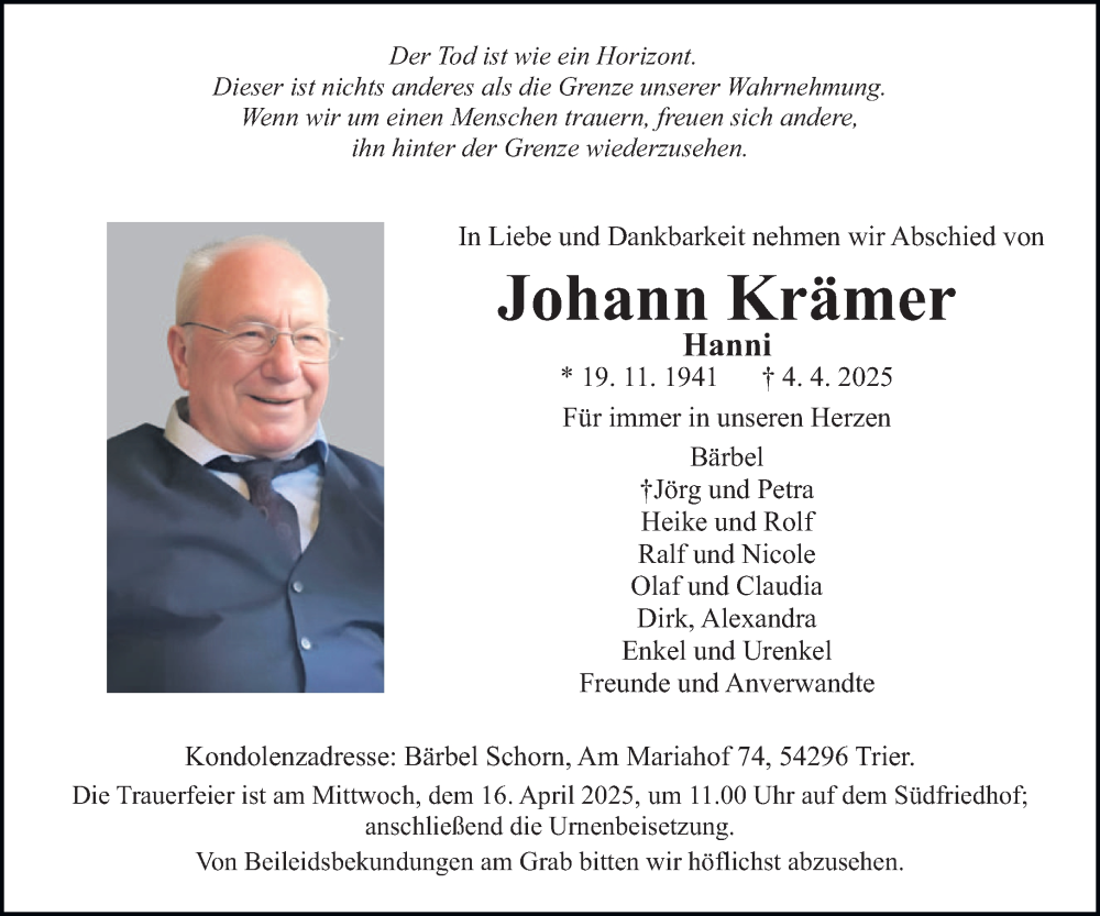  Traueranzeige für Johann Krämer vom 12.04.2025 aus trierischer_volksfreund